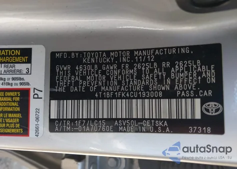 2012 Toyota Camry Se из США, поврежденный, VIN 4T1BF1FK4CU193008